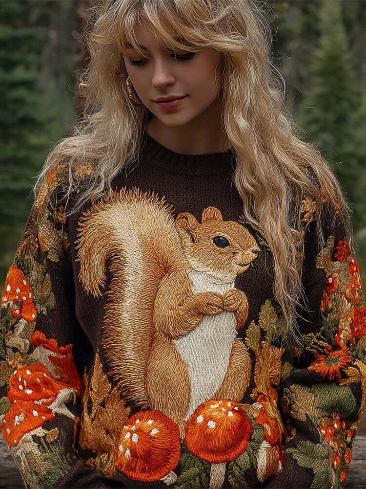 Forest Squirrel & Mushroom Embroidery Women's Knitted Sweater