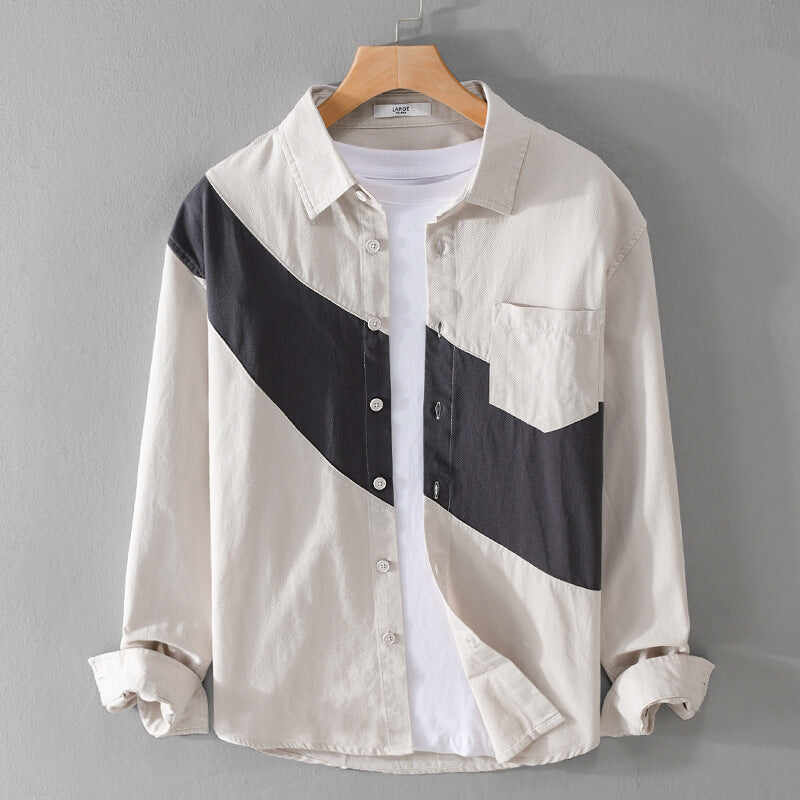 Men's Clothing Leather Stitching Long-sleeved Shirt