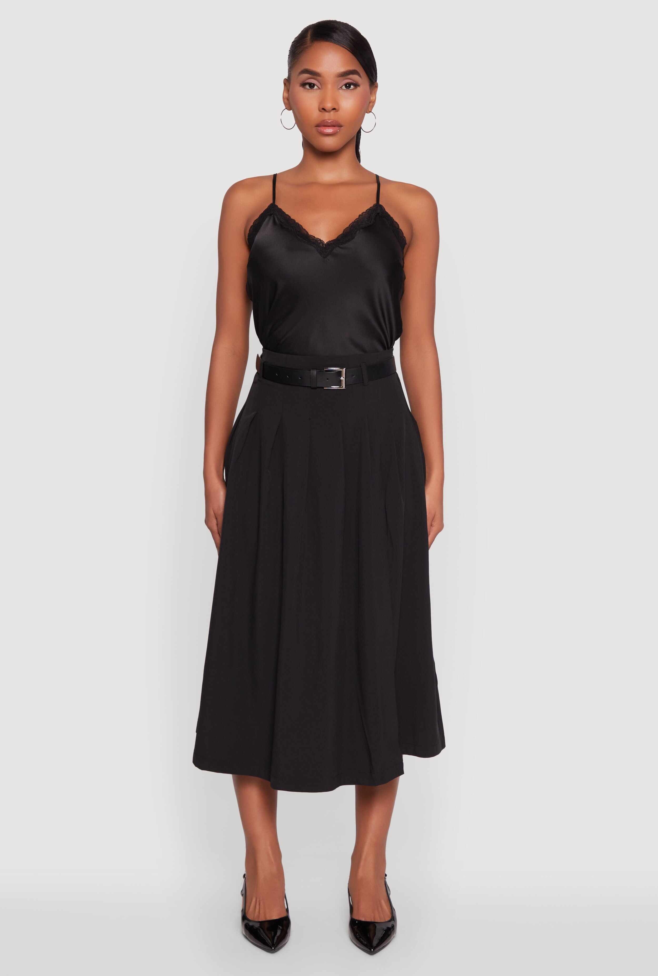 Trendy High Waisted Pleated Mid Length Skirt with Belt