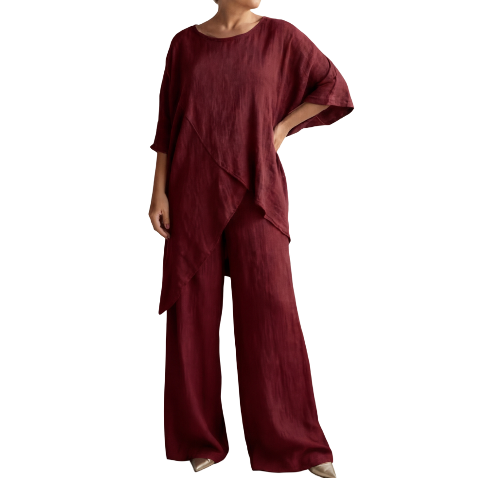 Women's Linen-Blend 2-Piece Outfit, Asymmetrical Layered Tunic Top + Wide Leg Pants