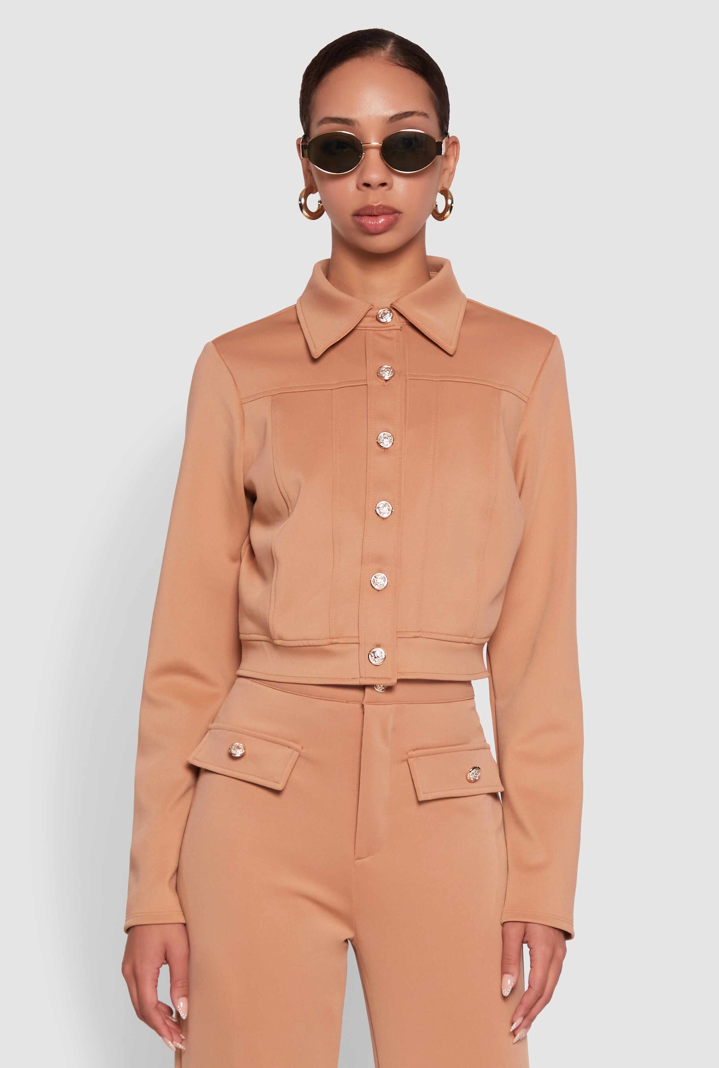 Scuba Metallic Button Front Cropped Shacket
