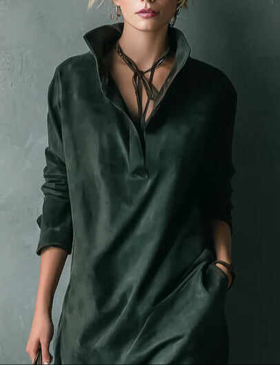 Green Loose Suede Lapel Long Sleeve Midi Dress