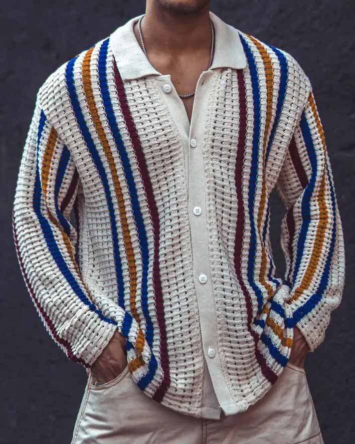 Men's Casual Striped Printed Long Sleeve Knitted Sweater Jacket