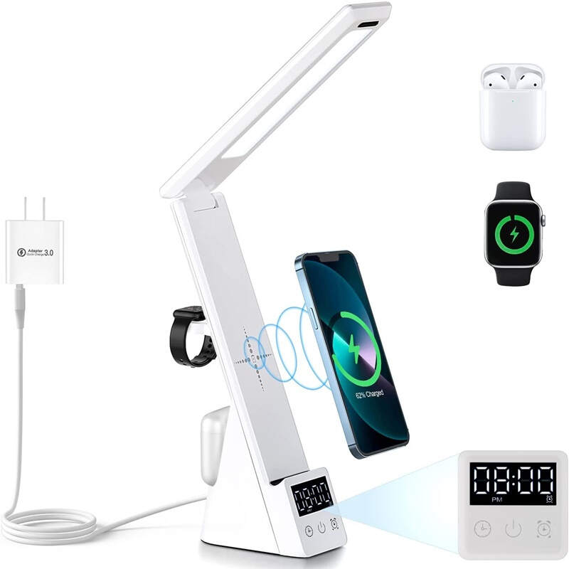 1pc 5-in-1 LED Lighting Table Lamp With Alarm Clock 15W Wireless Fast Charging Station For Mobile Phone Earphone Watch