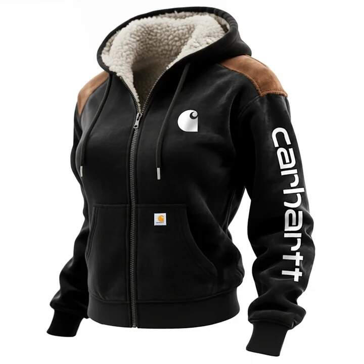 Women's Suede Contrast Color Stitching Thickened Zipper Cardigan Hooded Sweatshirt