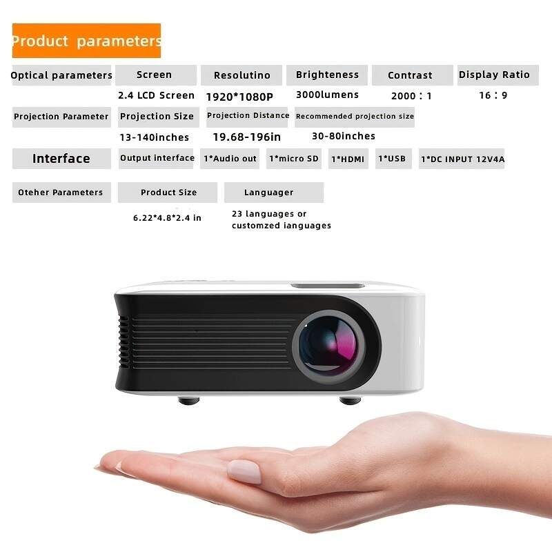 1pc Big Screen Watching Ball Games Mini Projector 2022 ,1080P Supported, Outdoor Projector Home Theater For Office Home Black