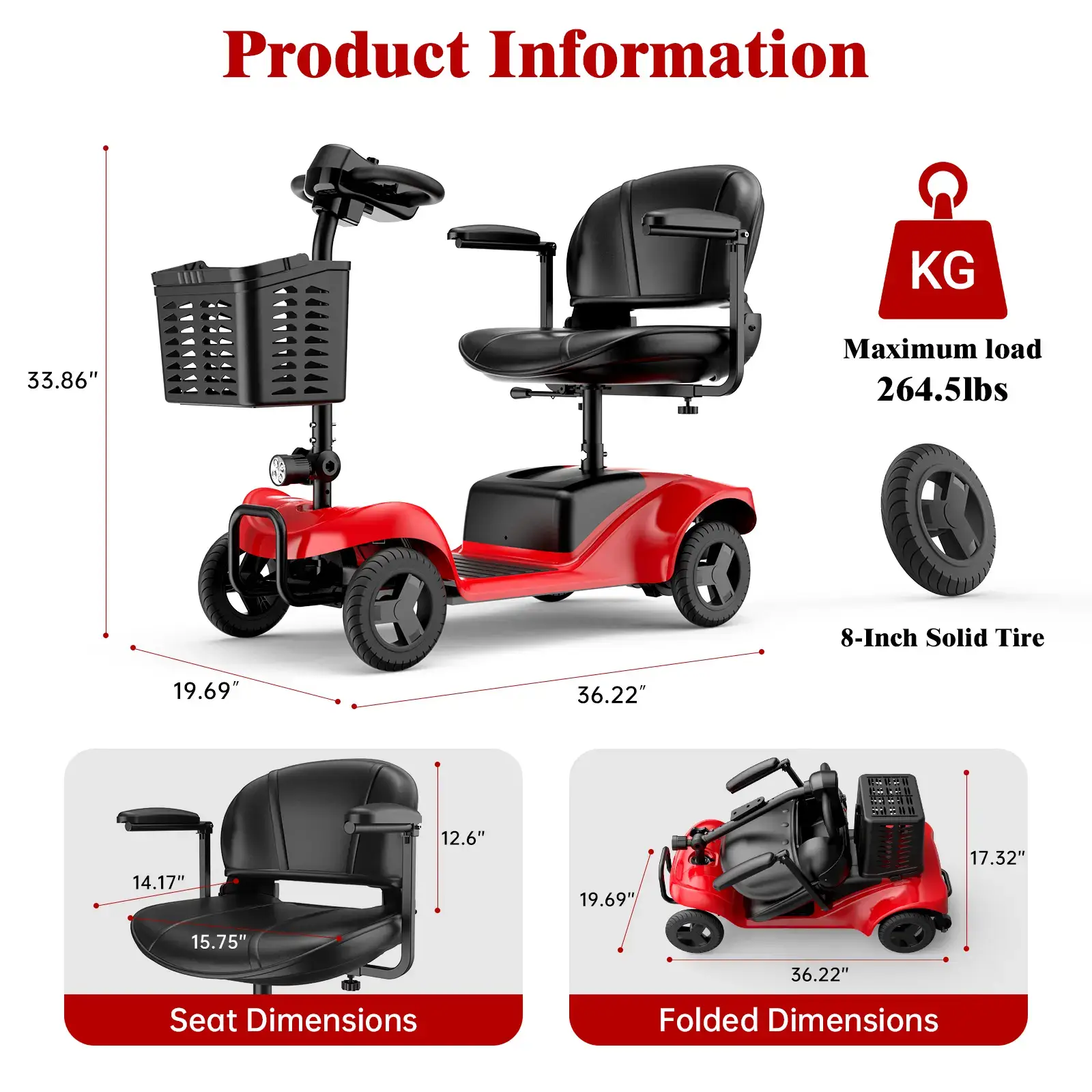 4 Wheel Mobility Scooter for Seniors&Adults- 25 Miles Range, Foldable Powered Electric Wheelchair Device w/600WH Battery,Only 8 lb Weight, Dual Basket, 300 lb Capacity, Compact,Red