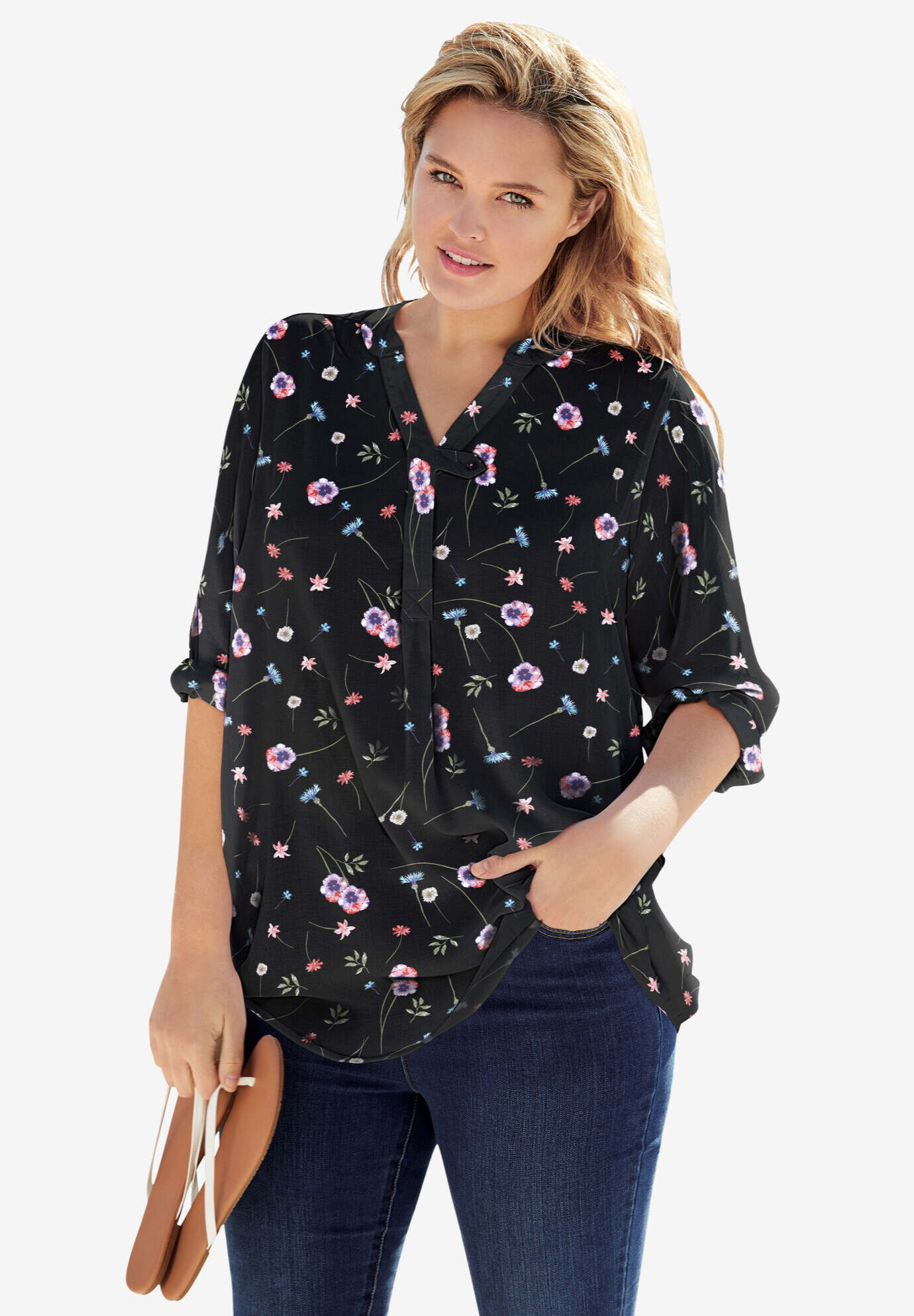 Three-Quarter Sleeve Tab-Front Tunic