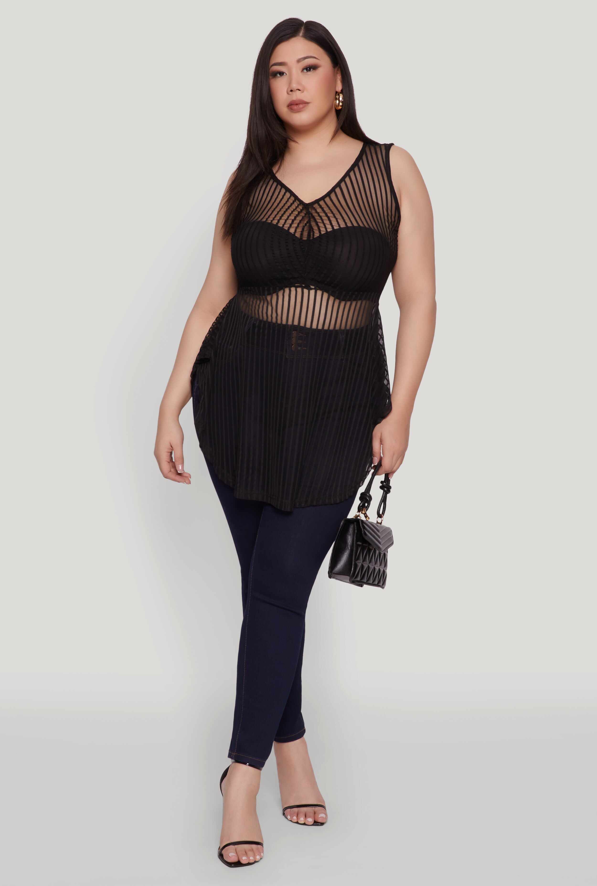 Plus Size Shadow Stripe Sleeveless Mesh Top