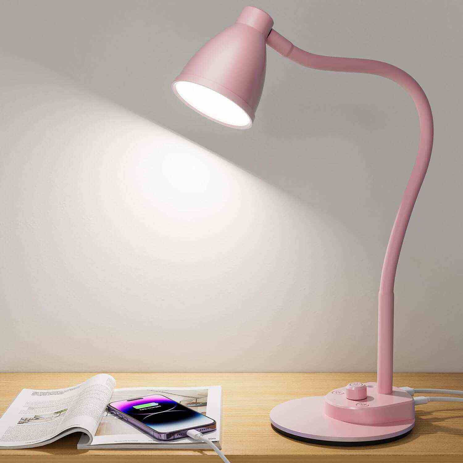 BOHON LED Desk Lamp with USB Charging Port 3 Color Modes Dimmable Reading Light Intelligent Induction Auto Dimming Task Lamp Flexible Gooseneck Table Lamp for Bedside Office, AC Adapter Include