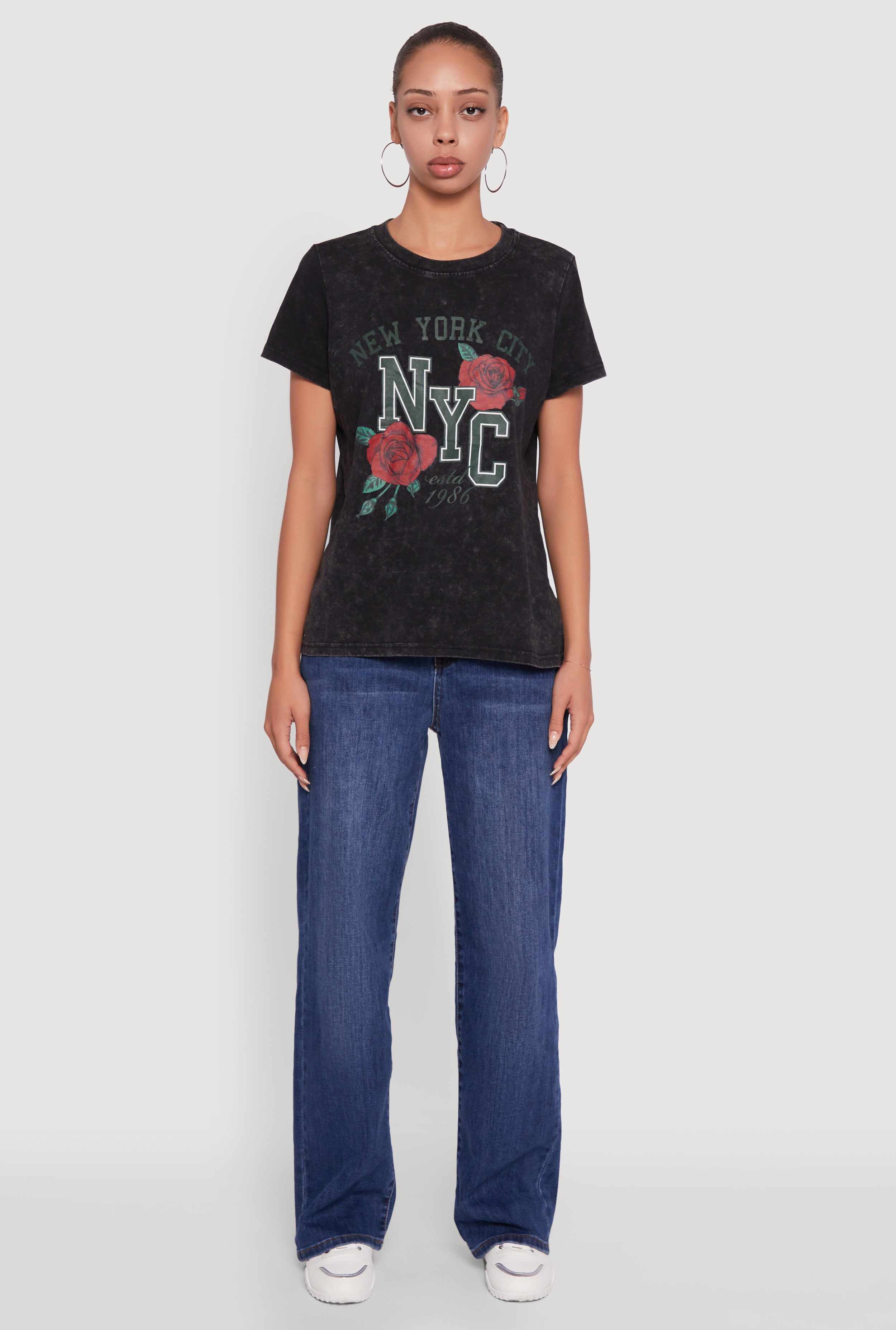 NYC Graphic Rose Print Acid Wash Classic Tee