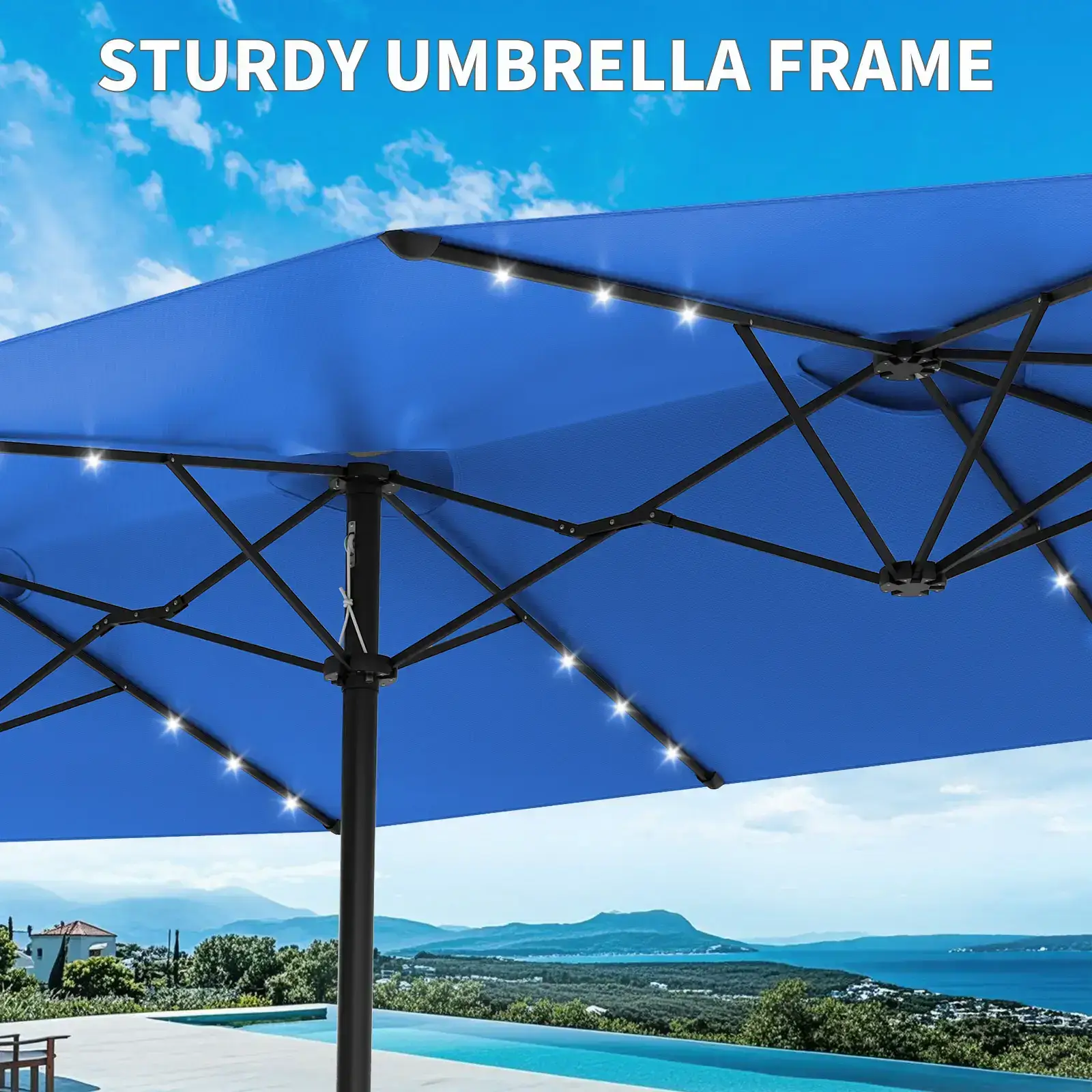 15ft Large Outdoor Patio Umbrella with Base – LED Light Option, Double-Sided, Crank Handle, Waterproof, Comes with Weighted Base and Sandbag, Accommodates 10 People