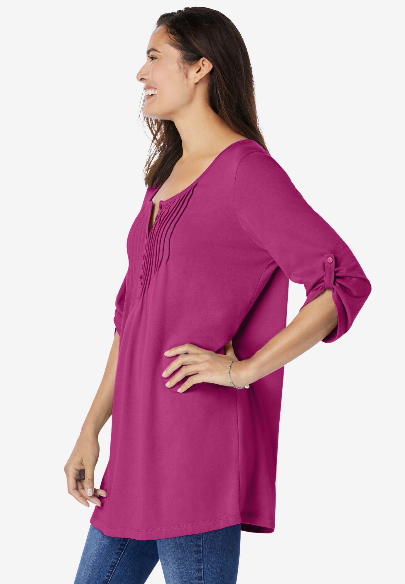 7-Day Three-Quarter Sleeve Pintucked Henley Tunic