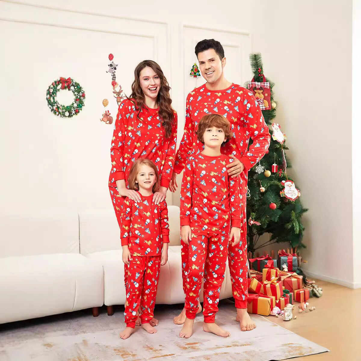 Family Parent-Child Christmas Tree Snowman Deer Printed Pajamas Set