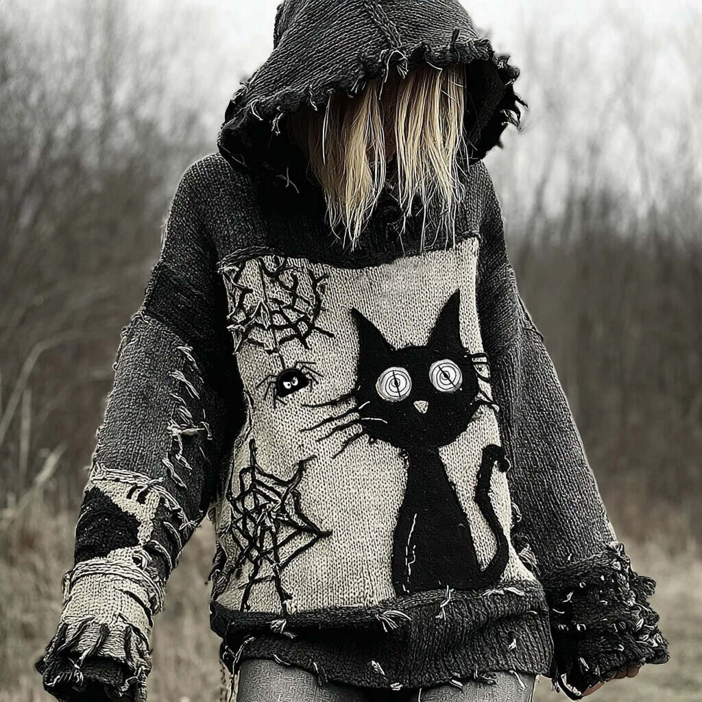 Halloween Scared Black Cat Patchwork Stitched Cozy Knit Hooded