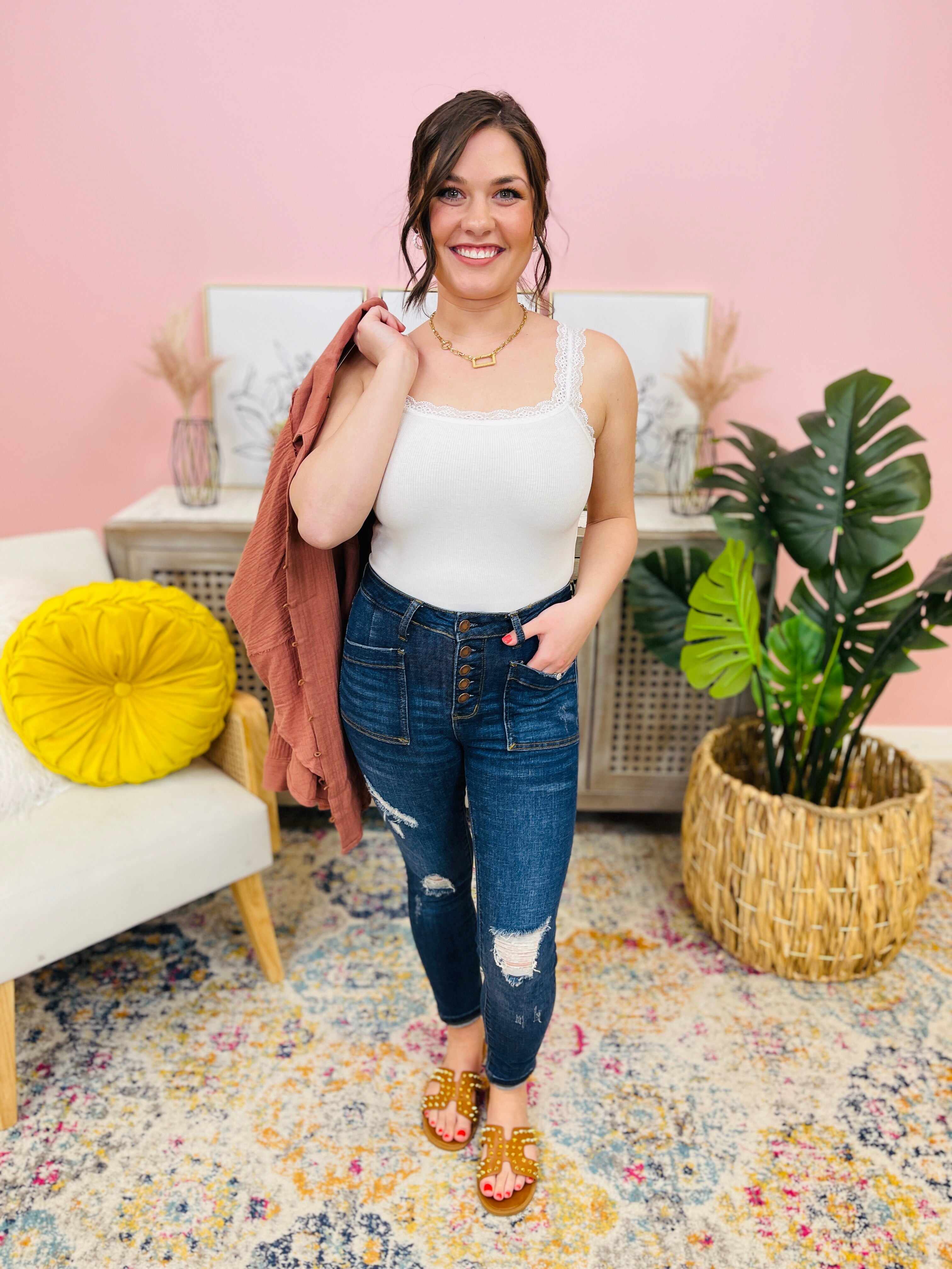 RESTOCK! Plus/Reg My Goodies Button Fly Patch Pocket Skinny Jean