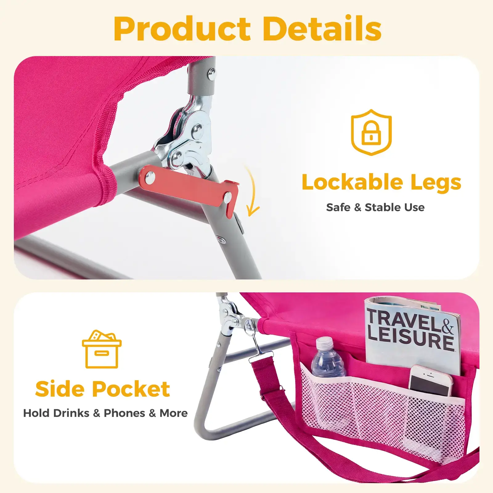 Folding Adjustable Chaise Lounge Chair, Portable Beach Lounge Chair with Backpack Straps & Side Pocket for Outside, Patio, Poolside, Lawn