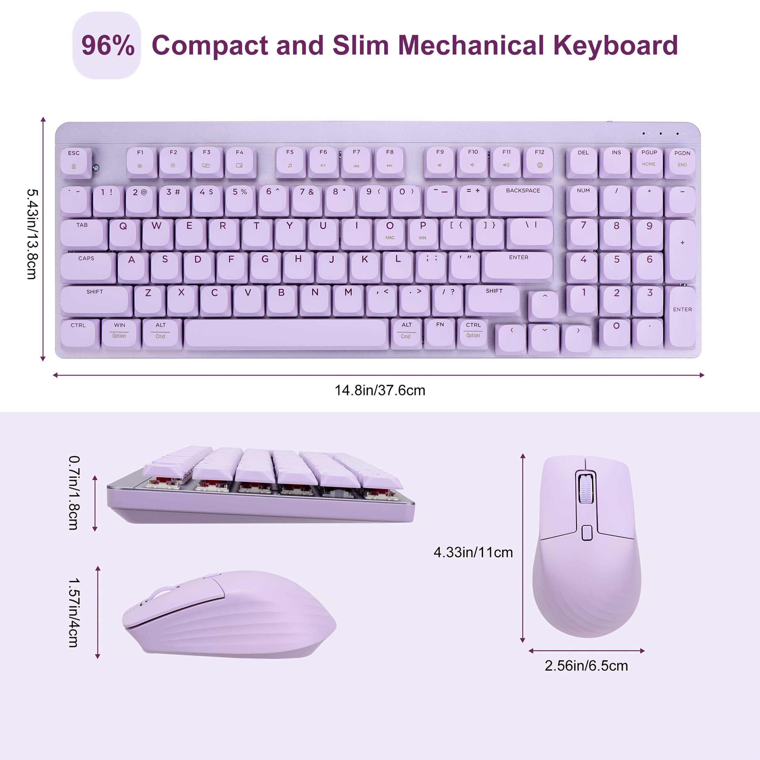 Wireless Mechanical Keyboard And Mouse, 2.4Ghz Cordless Mechanical Keyboard And Silent Mouse, Low-Profile Red Switch, 98-Key Compact Slim 96% Keyboard for Windows/MacOS PC Laptop