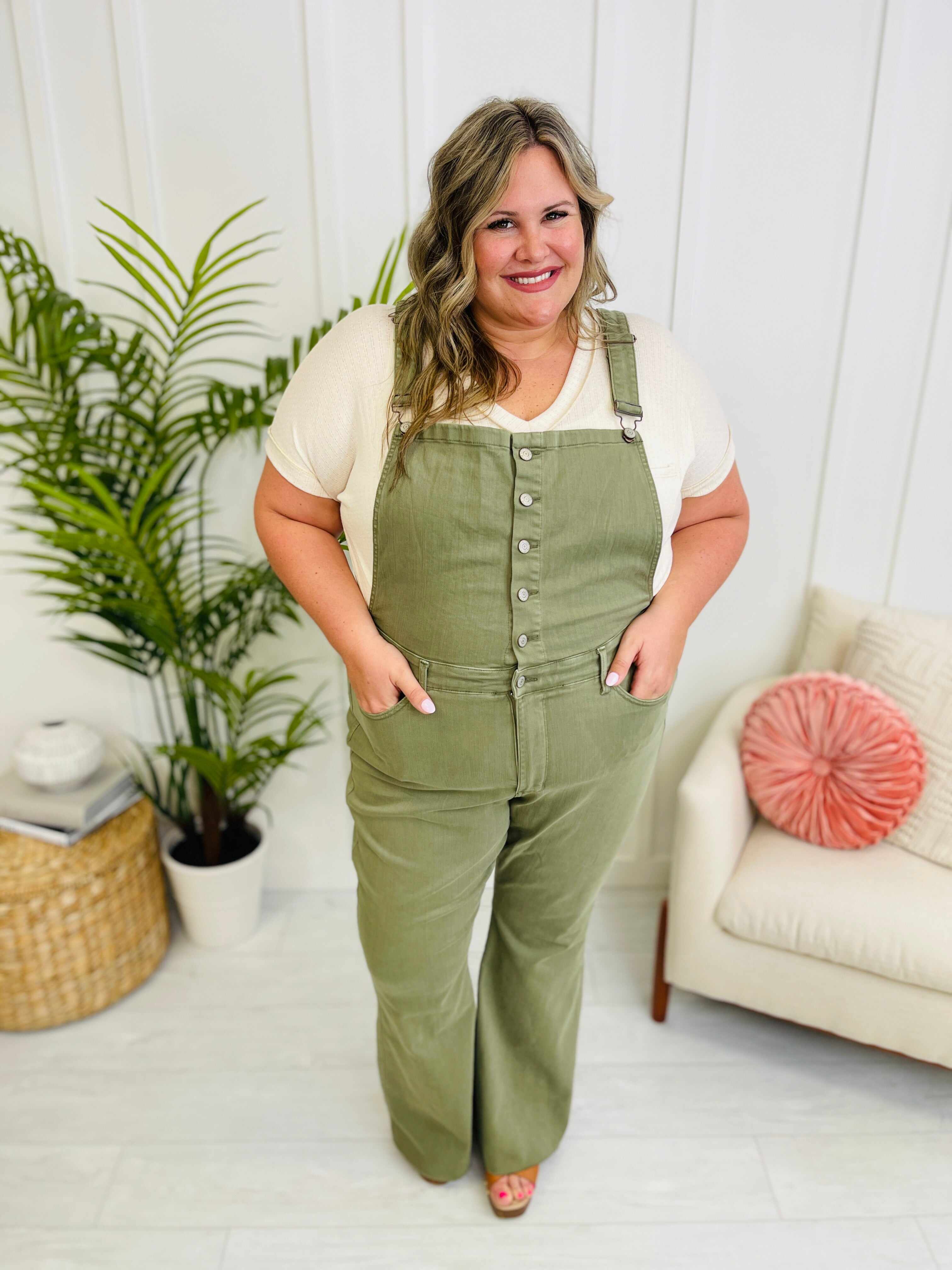 REG/CURVY Can't Olive Without You Tummy Control Flare Overalls