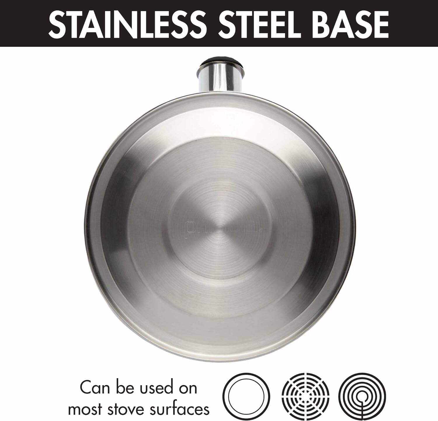 Primula Stewart Whistling Stovetop Tea Kettle Food Grade Stainless Steel, Hot Water Fast to Boil, Cool Touch Folding, 1.5-Quart, Brushed with Black Handle