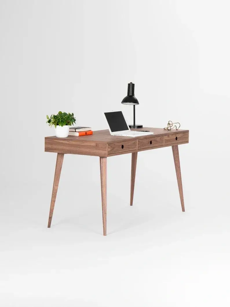 Wooden desk, mid century modern, walnut desk with three drawers;Send 1 stool(pictured)