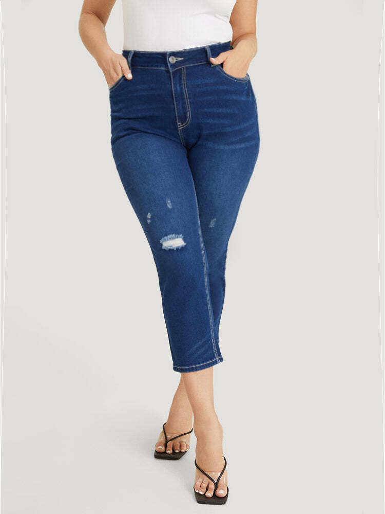 Very Stretchy High Rise Dark Wash Distressed Cropped Jeans