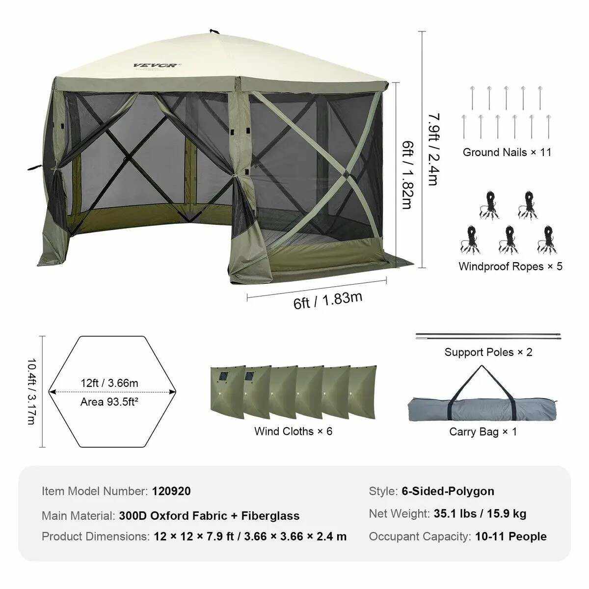Camping Gazebo Screen Tent, 12*12ft, 6 Sided Pop-up Canopy Shelter Tent with Mesh Windows, Portable Carry Bag, Stakes, Large Shade Tents for Outdoor Camping, Lawn and Backyard, Brown/Beige