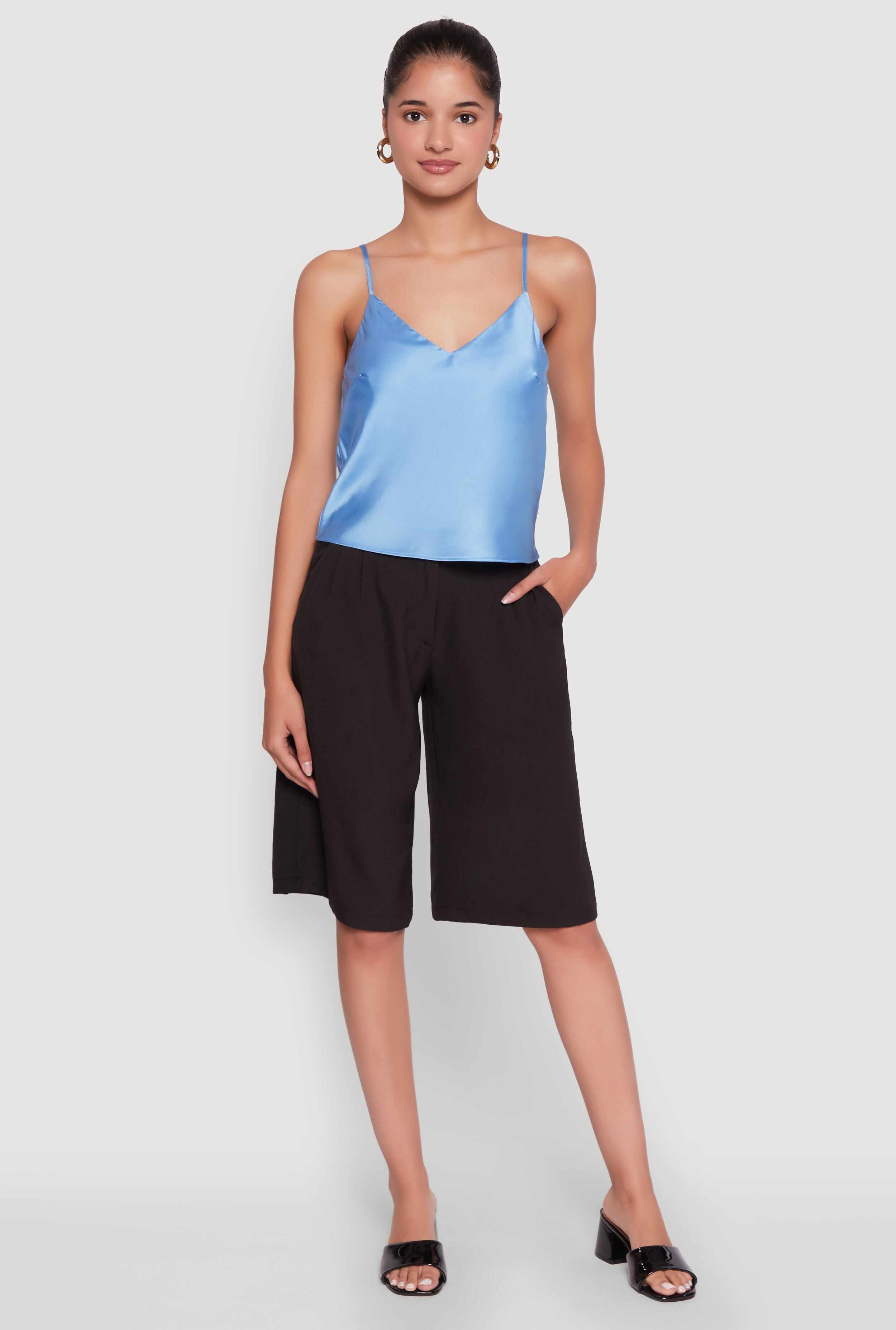 Satin V-Neck Cropped Cami with Adjustable Straps