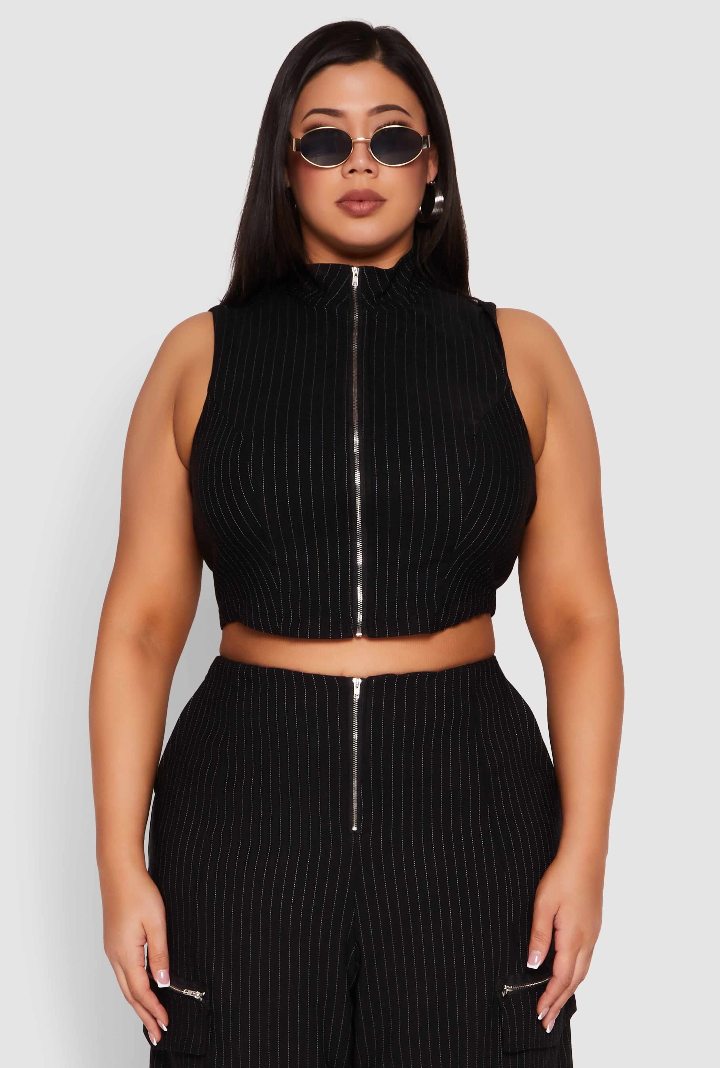 Plus Size Pinstripe Zip Front Crop Top