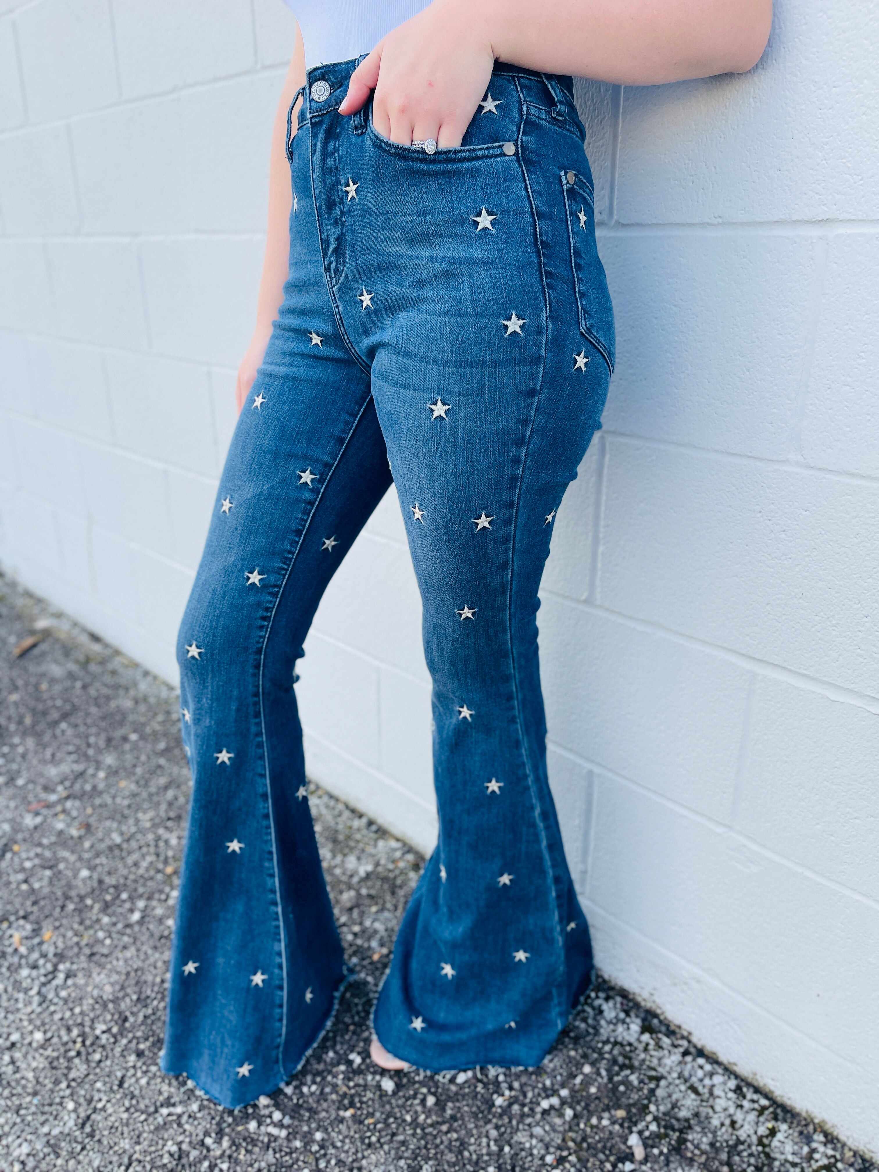 PLUS/REG Wishing On A Star Embroidered Flared Jeans