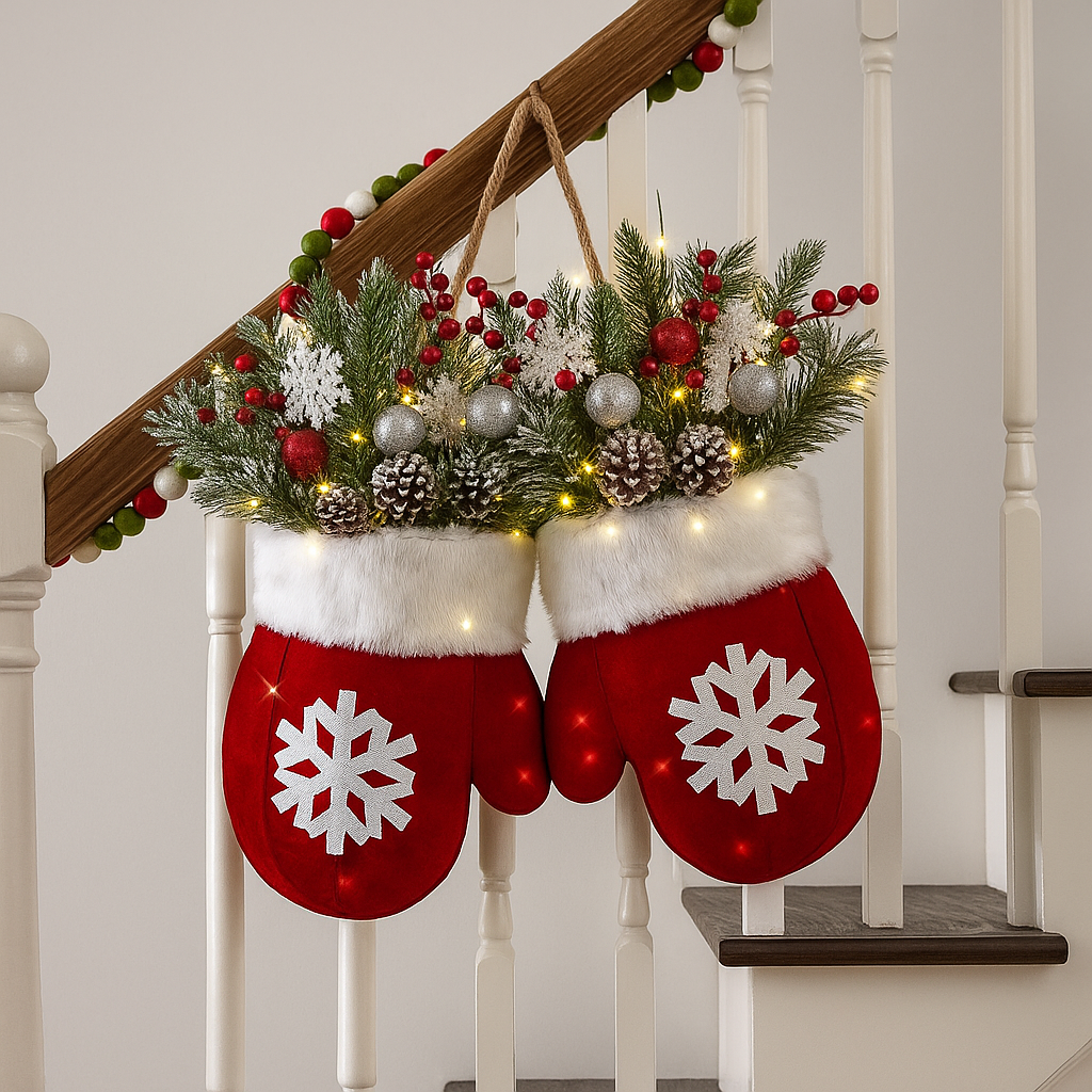 🔥Last Day 50% OFF🔥Twinkling Christmas Mitten Wreath with 120 LED Lights & 10H Auto Timer