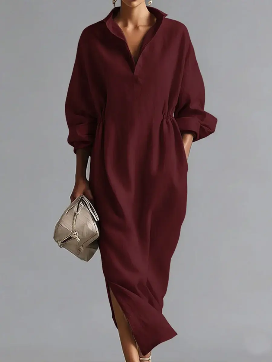 🔥Summer Arrivals🌟Women's Solid Color Lapel Long-sleeved Casual Loose Cotton Dress