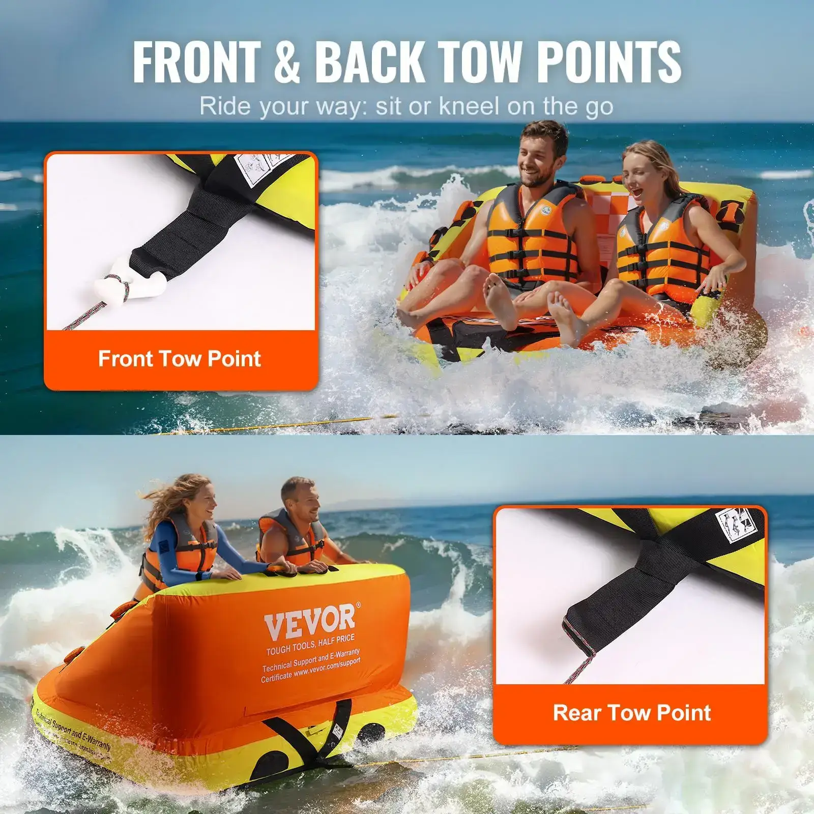 Towable Tube for Boating,  1-2 Riders Inflatable Towable Tubes with Deck Seats and Backrest, 340 lbs Water Sport Tube for Boat to Pull, Full Nylon Cover, EVA Grab Handles and Speed Safety Valve