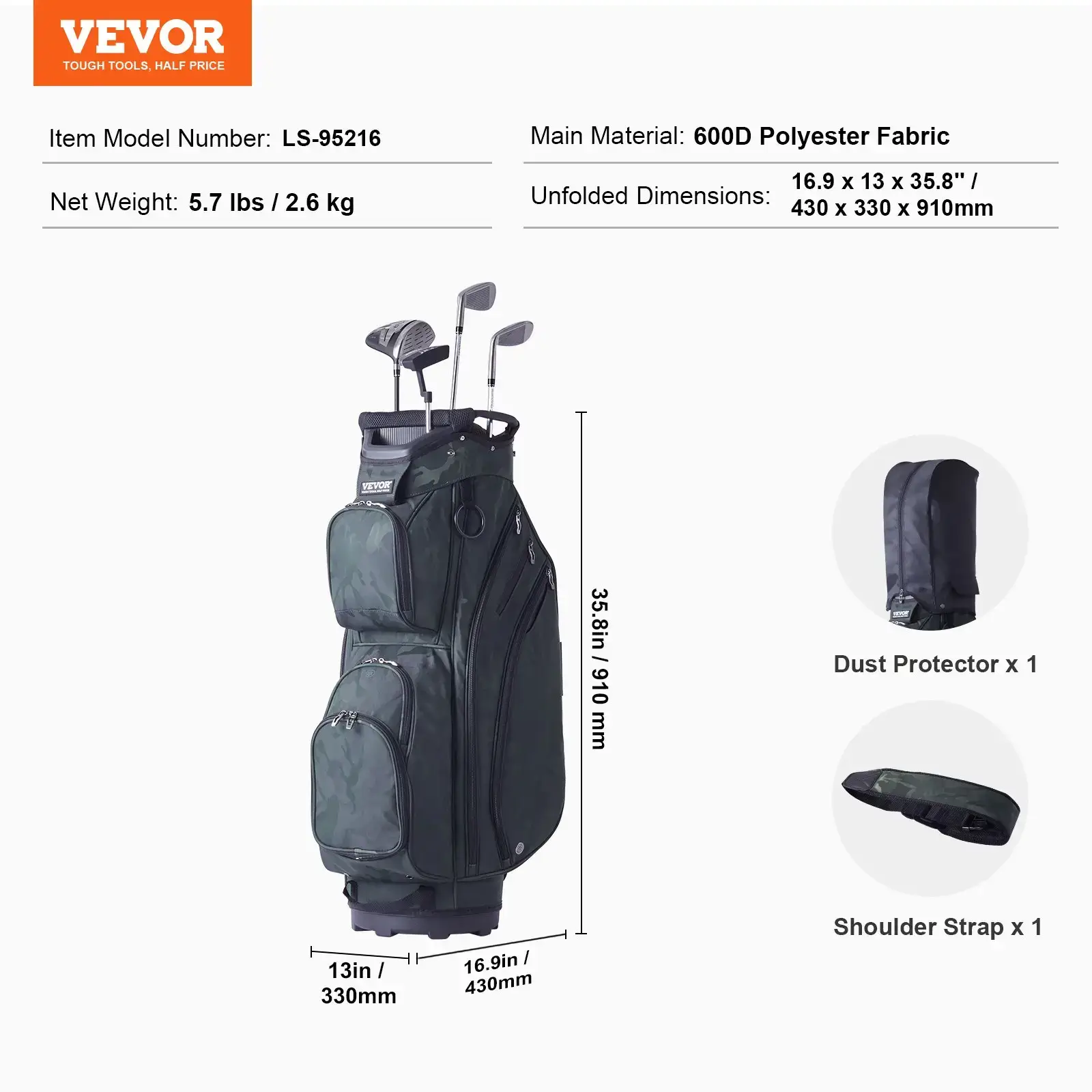 Golf Cart Bag with 14 Way Organizer Divider Top,  41” 13 Pockets Premium Nylon Cart Bag, Durable Golf Bags with Handles & Dust Cover & Detachable Straps for Men & Women, Black Color-Block