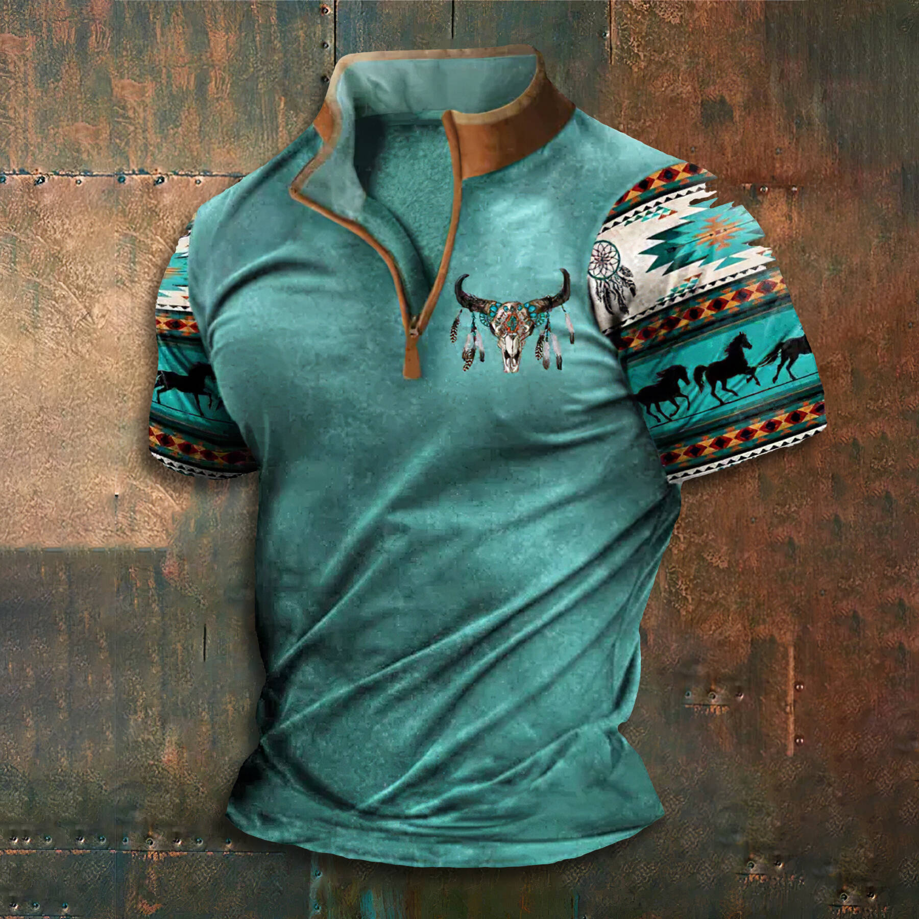 Men'S Stand Collar Zip Tribal Print Short SleeveT Shirt