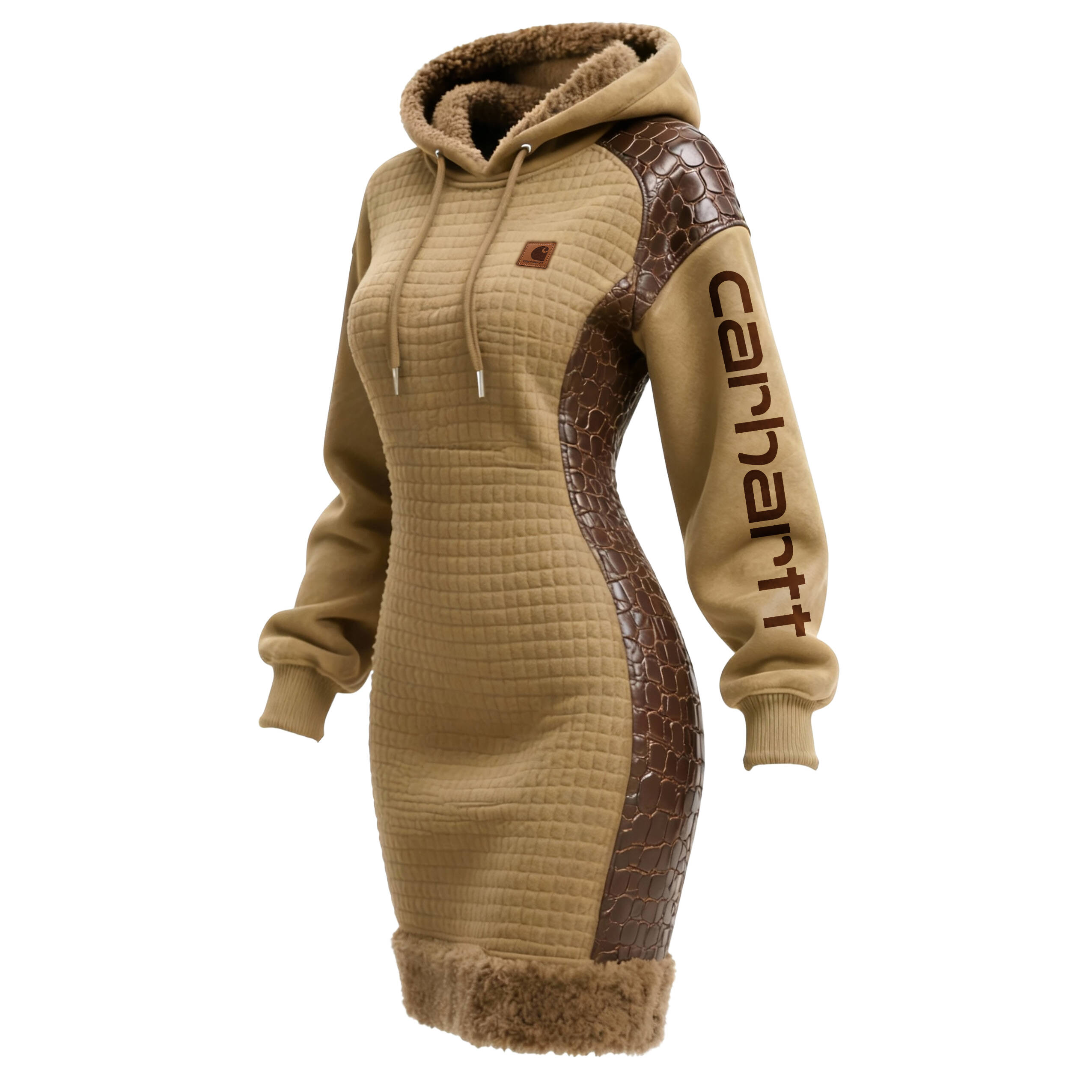 Women's Contrast Color Stitching Suede Lambswool Lapel Hooded Long Sweatshirt Dress