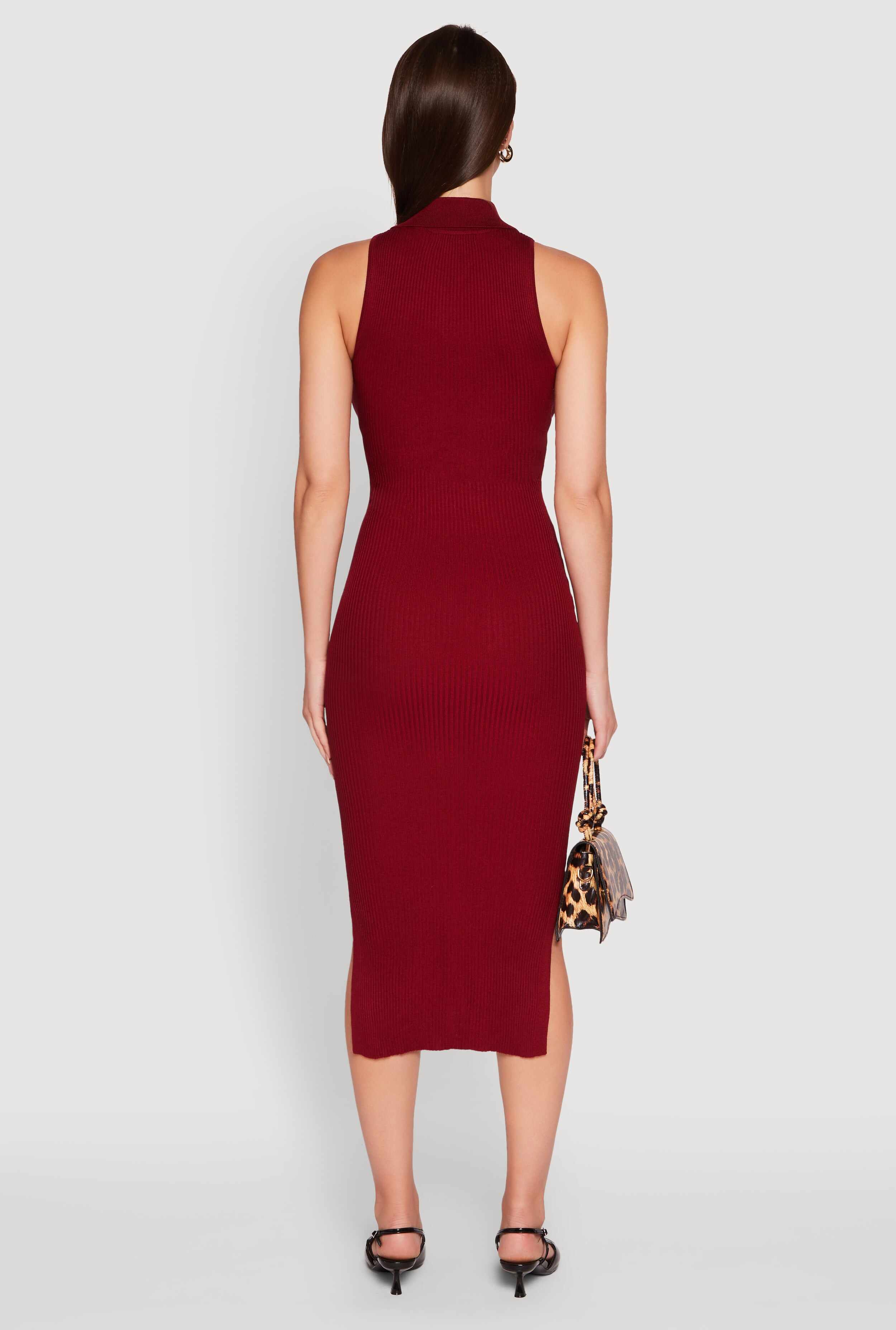 Ribbed Knit Sleeveless Midi Dress with Collar and Side Slit