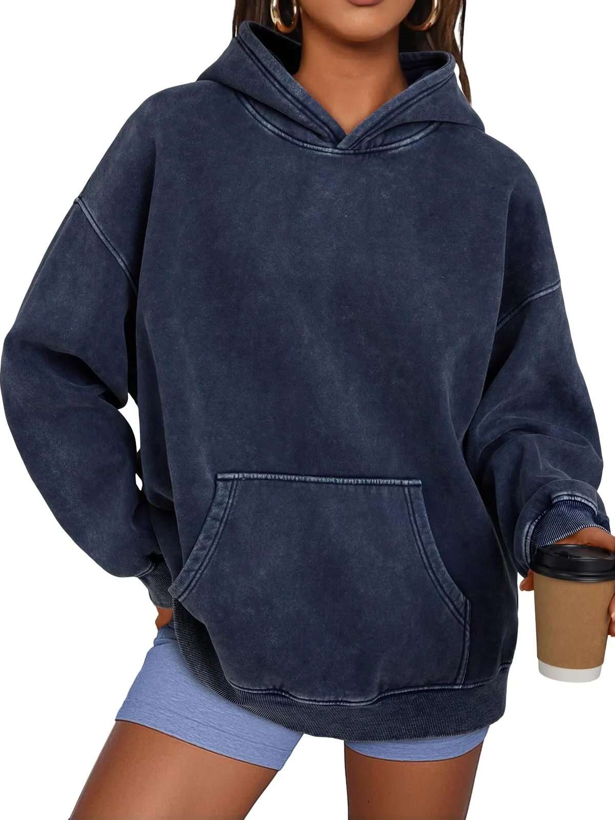 Unisex Casual Oversized Acid Wash Tops Hoodie Pullover