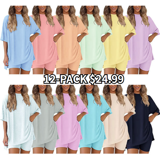 🔥Women's Two Piece Lounge Set 2025 Summer Casual Oversized Shirts Biker Shorts Matching Airport Travel Outfit