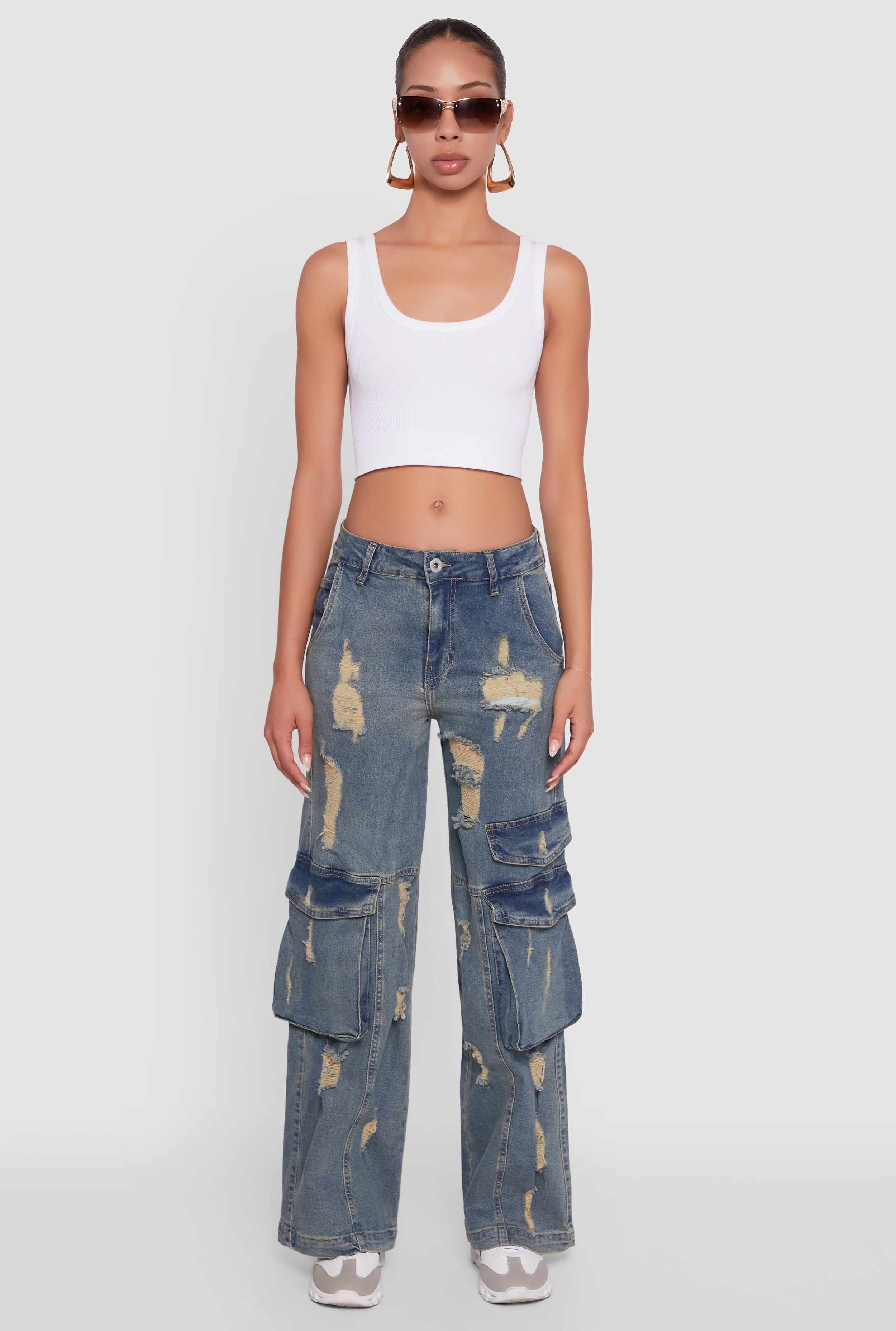 Mineral Wash Distressed Frayed Wide Leg Utility Jeans
