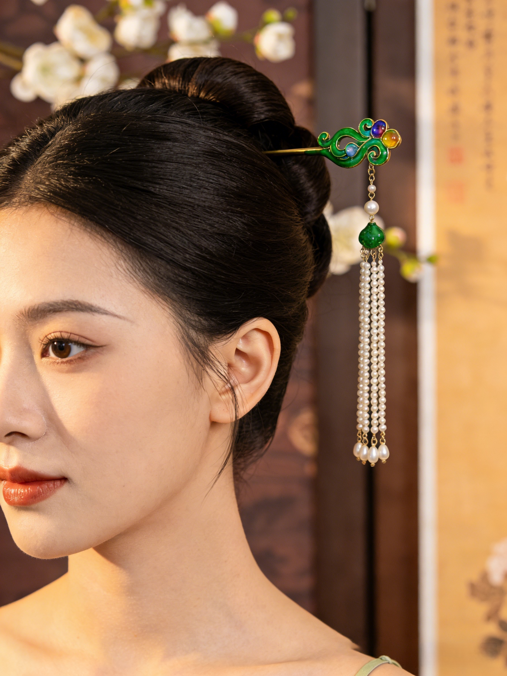 Chinese Style Green Alloy Colored Glaze Pearl Tassel Hairpin