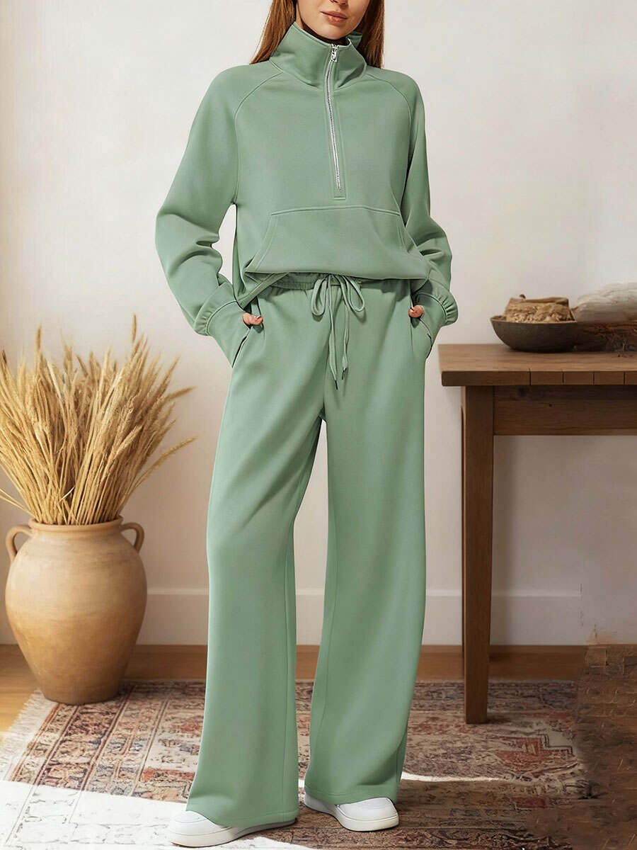 Women's Two-piece Set Half-zip Sweatshirt Wide-leg Pants Casual Suit.