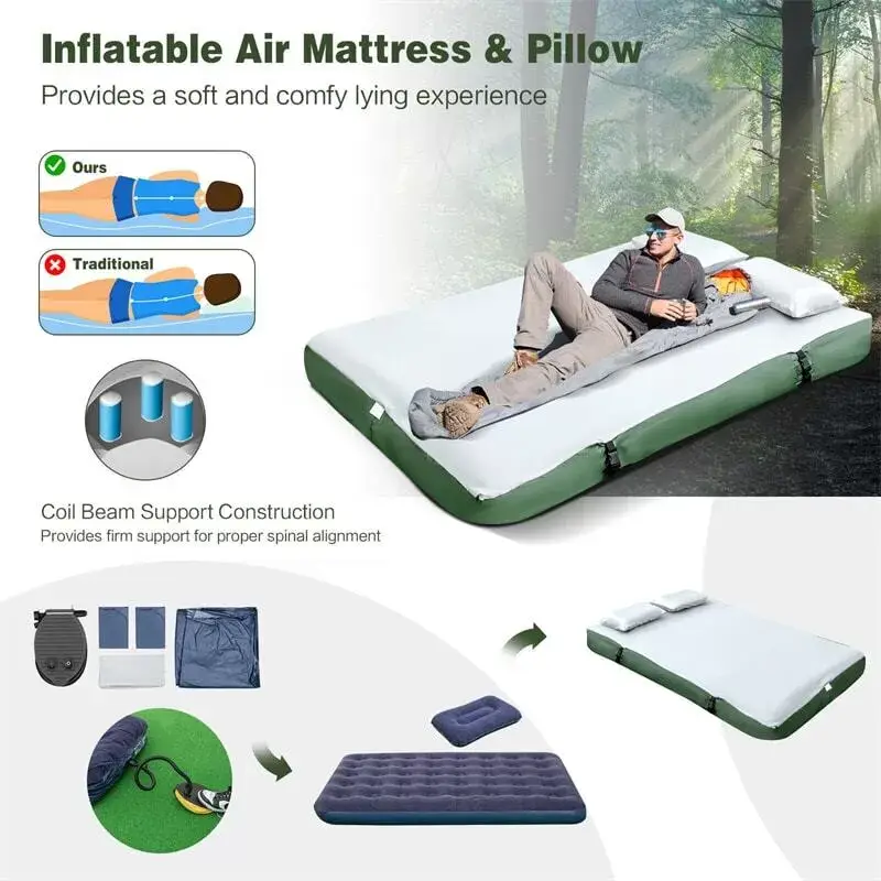 5-in-1 Tent Cot 2-Person Portable Outdoor Camping Tent Combo with Air Mattress Sleeping Bag & Sunshade