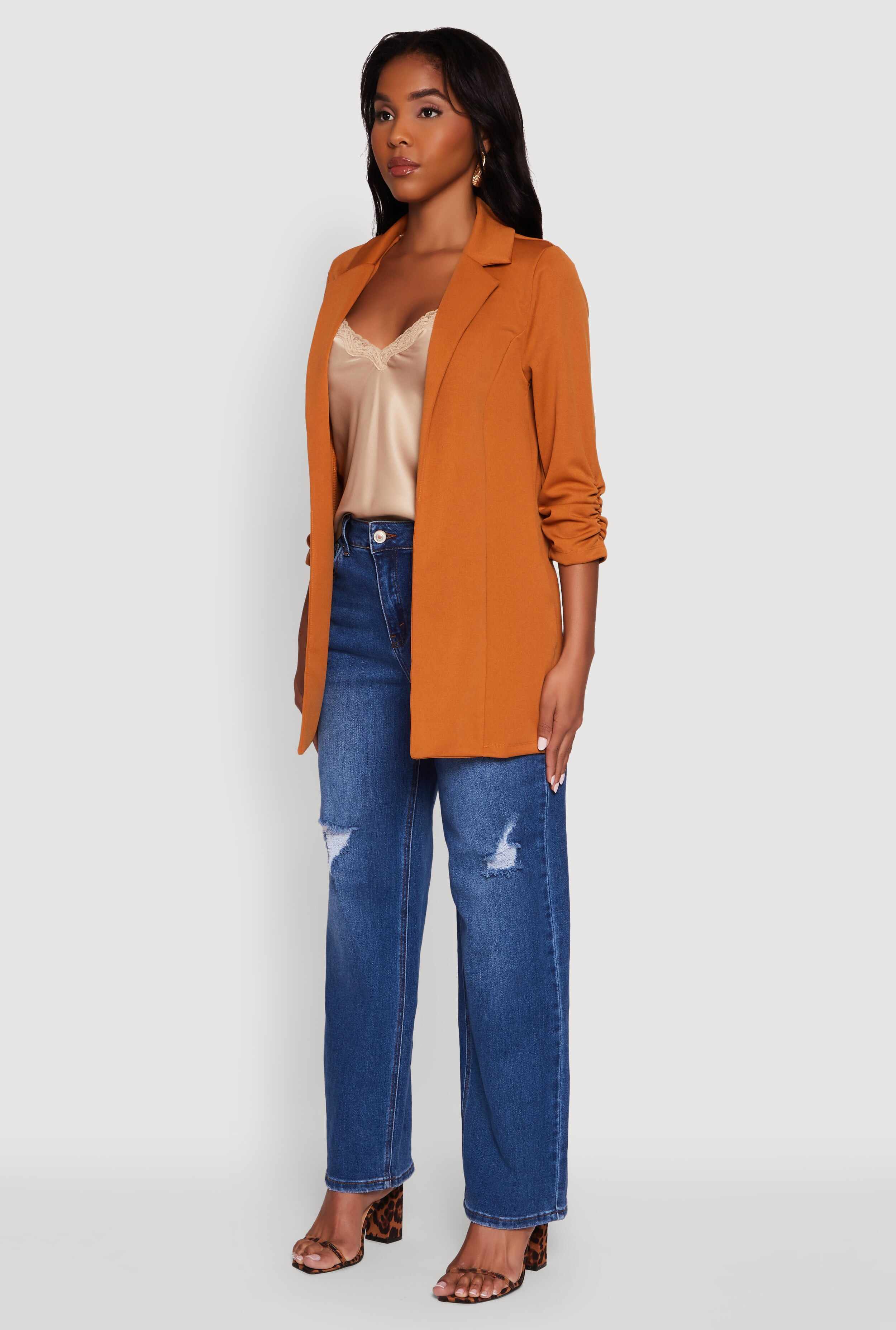 Textured Knit Ruched Sleeve Blazer