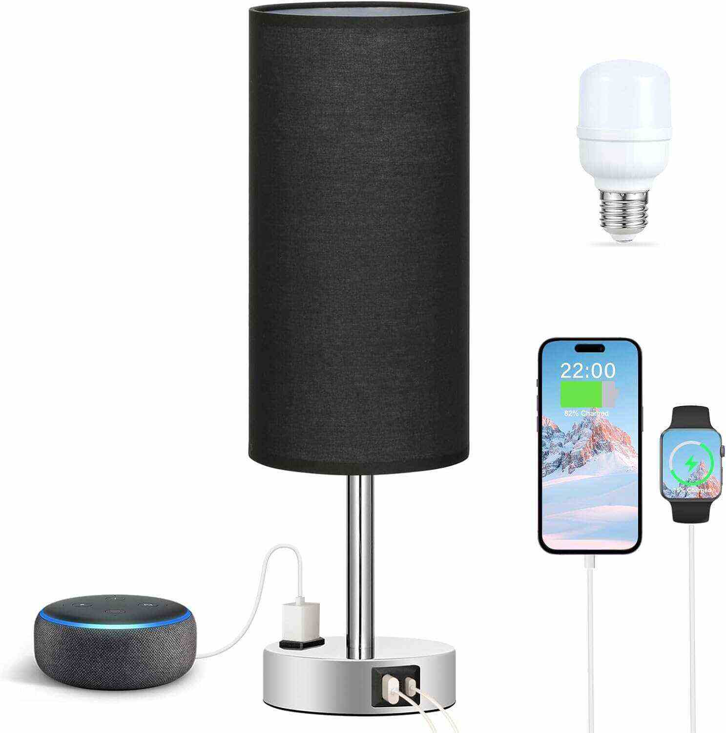 Bedside Table Lamp for Bedroom - 3 Way Dimmable Touch Lamp USB C Charging Ports and AC Outlet, Small Lamp Wood Base Round Flaxen Fabric Shade for Living Room, Desk, LED Bulb Included