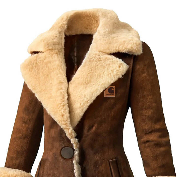 Women's Vintage Western Cowgirl Brown Suede Fleece Lapel Long Shearling Jacket Coat
