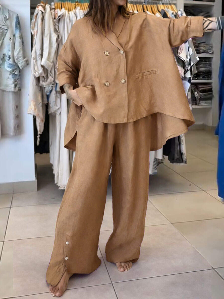 🔥Summer Arrivals🌟Women's Solid Color Lapel Long-sleeved Casual Loose Cotton And Linen Top And High-waisted Casual Loose Wide-leg Cotton And Linen Pants Set.