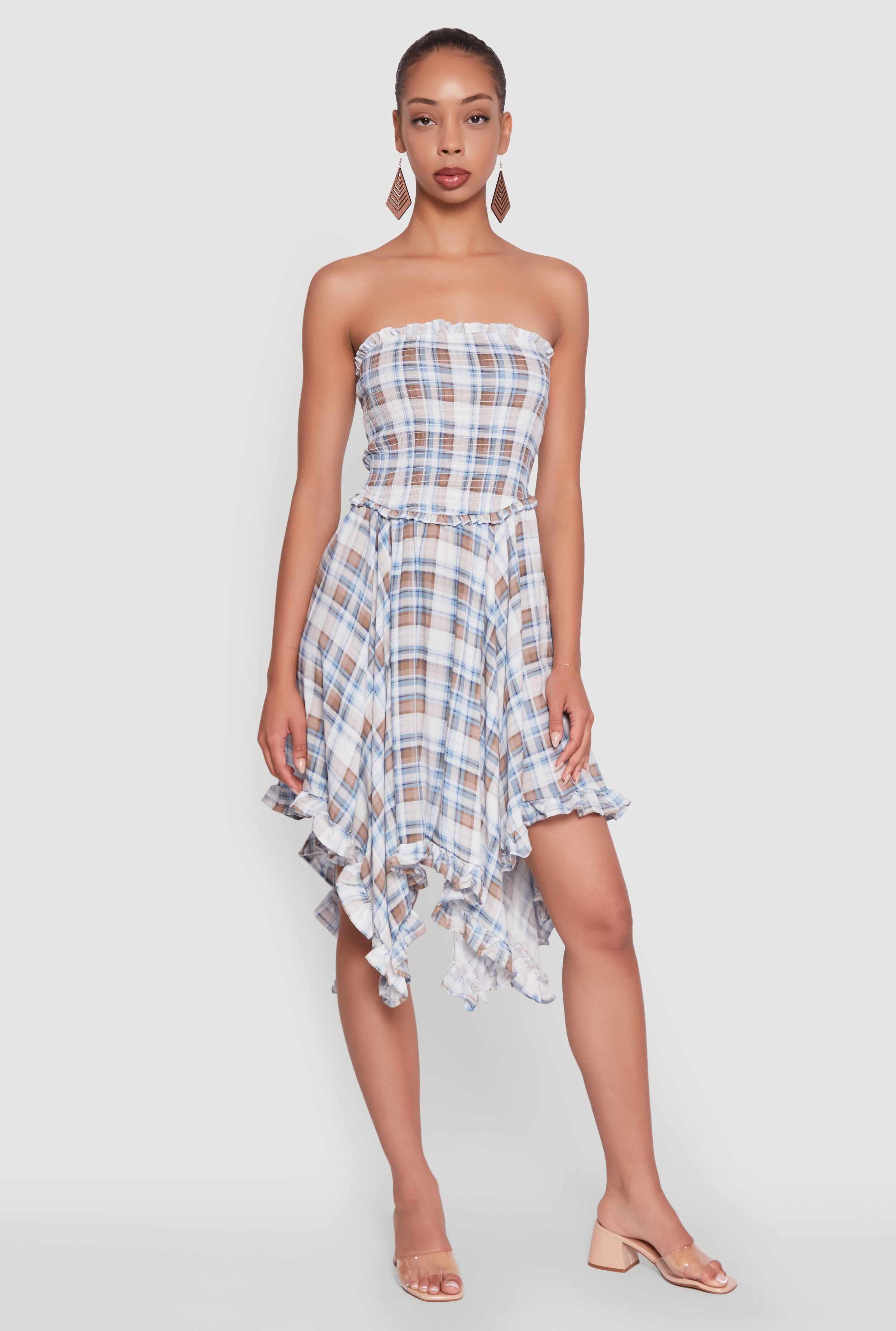 Plaid Smocked Handkerchief Hem Tube Dress