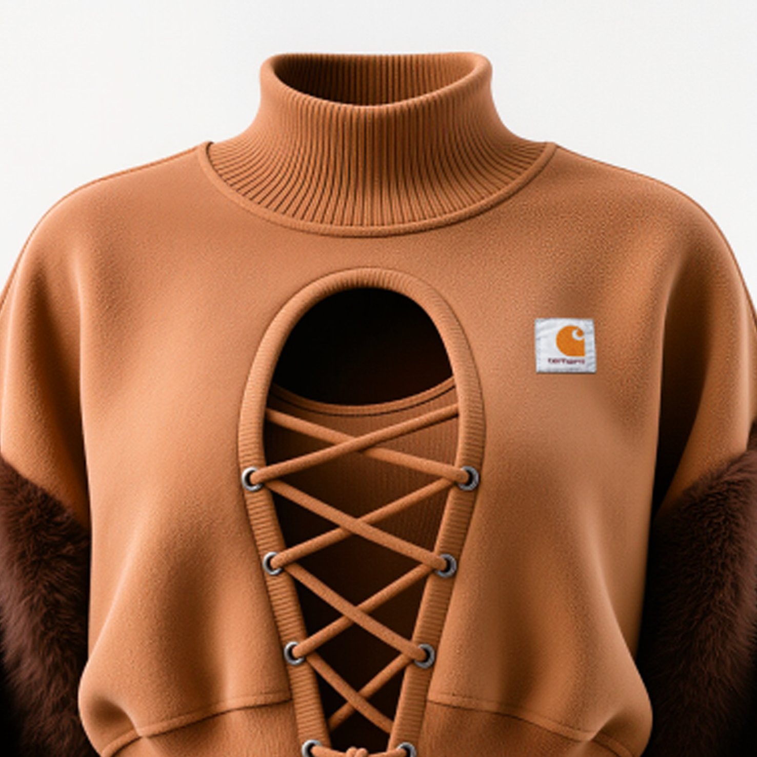 Women's Vintage Brown High-Neck Sweatshirt With Lace-Up Detail And Fur Sleeves