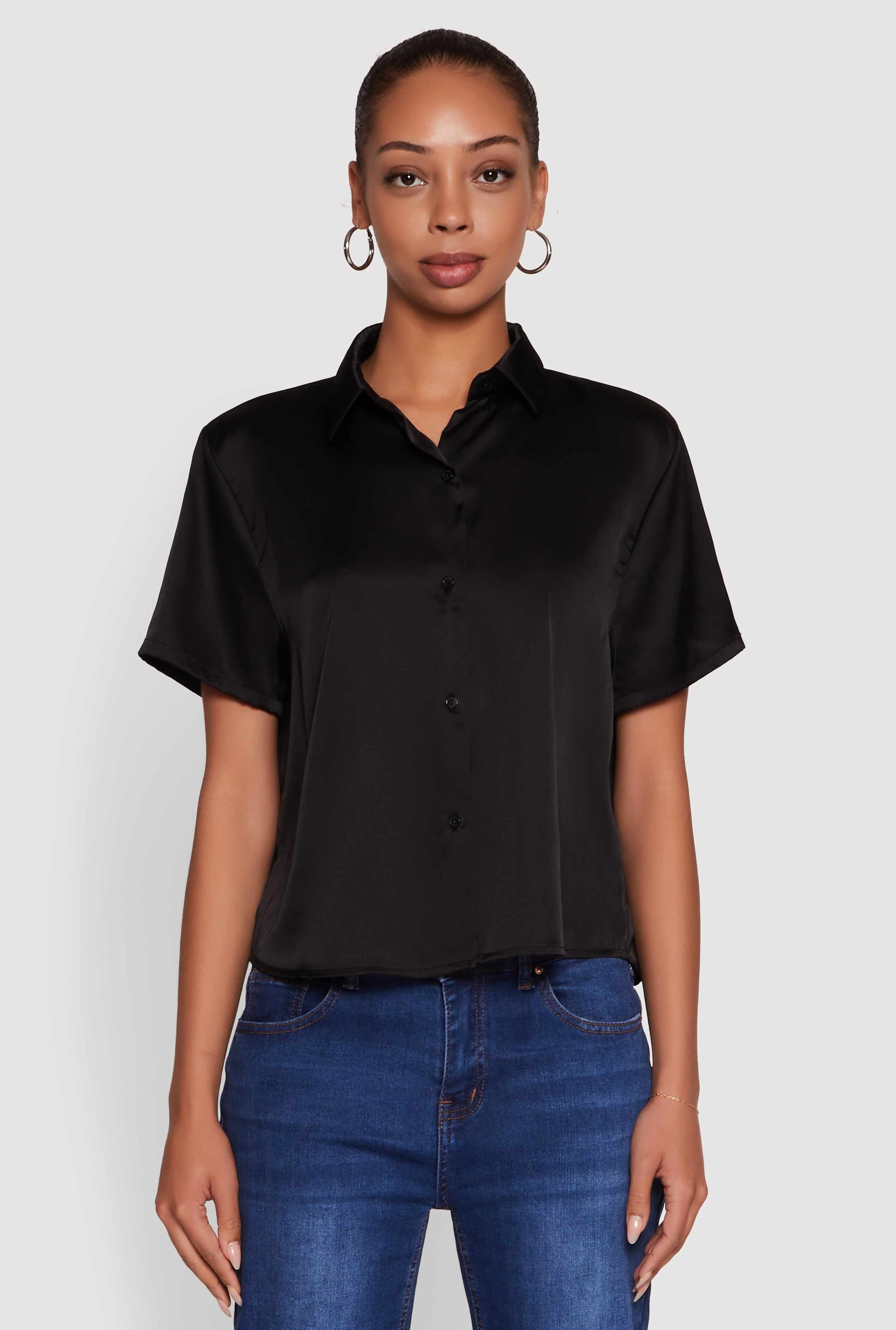 Satin Button Front Cropped Boxy Top